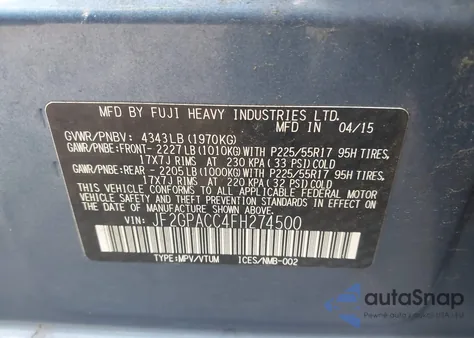 2015 Subaru Xv Crosstrek 2.0I Premium z USA, uszkodzony, nr VIN JF2GPACC4FH274500